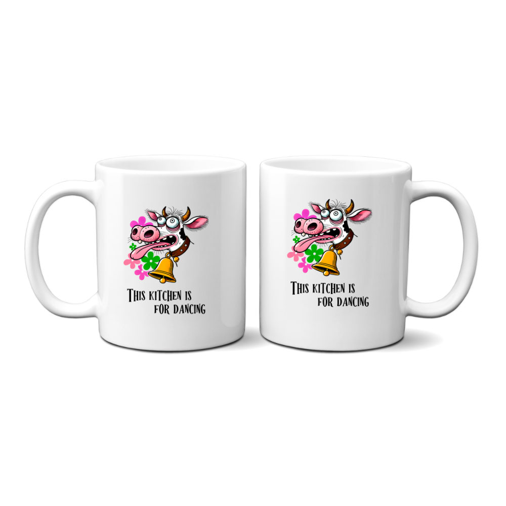 Dancing Cow Coffee Mug - Funny Cow with Bell - 11oz & 15oz - Microwave & Dishwasher Safe - printed in USA
