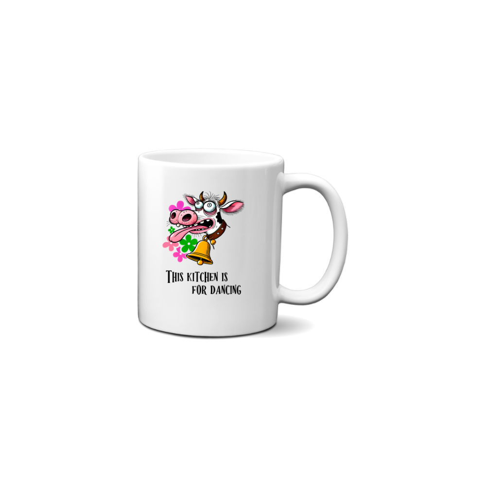 Dancing Cow Coffee Mug - Funny Cow with Bell - 11oz & 15oz - Microwave & Dishwasher Safe - printed in USA