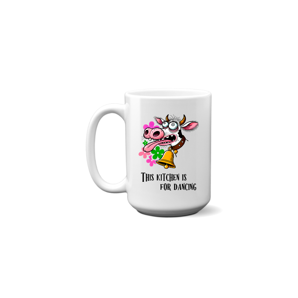 Dancing Cow Coffee Mug - Funny Cow with Bell - 11oz & 15oz - Microwave & Dishwasher Safe - printed in USA
