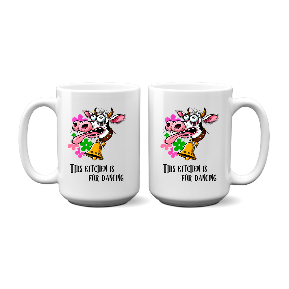 Dancing Cow Coffee Mug - Funny Cow with Bell - 11oz & 15oz - Microwave & Dishwasher Safe - printed in USA
