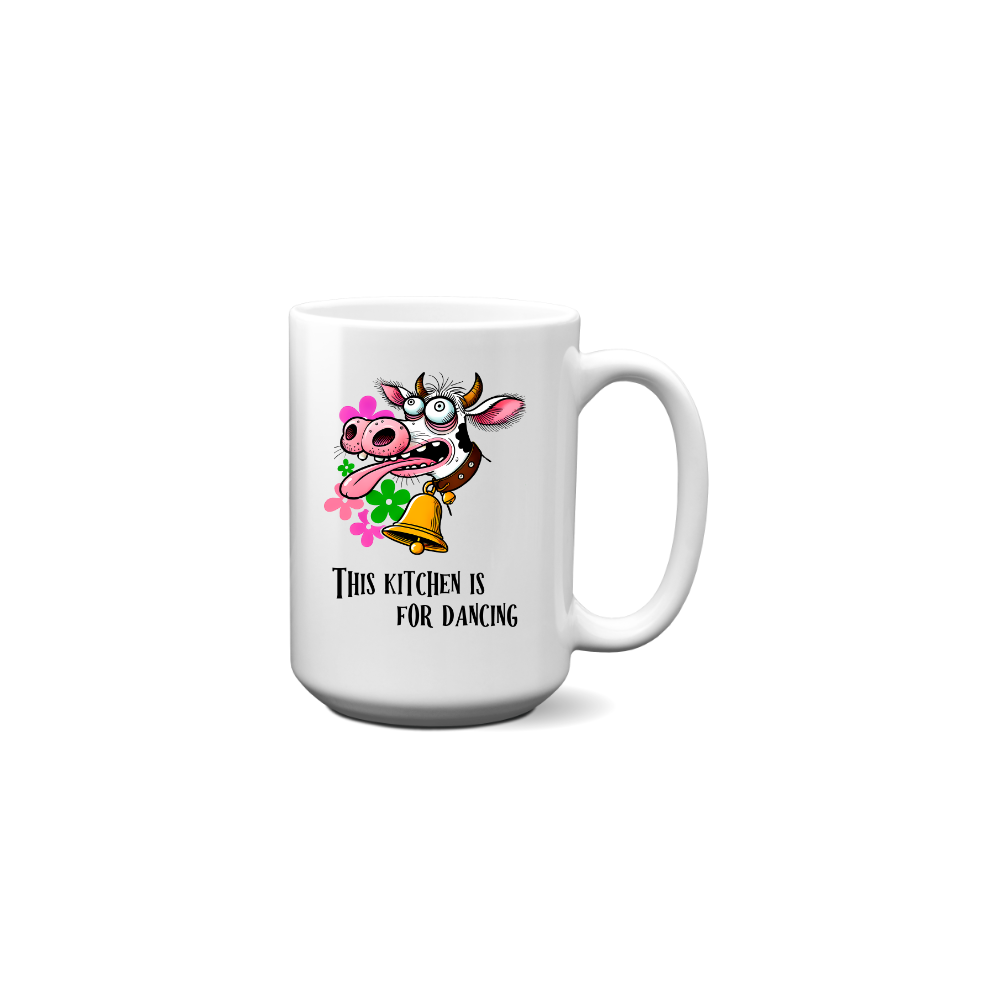 Dancing Cow Coffee Mug - Funny Cow with Bell - 11oz & 15oz - Microwave & Dishwasher Safe - printed in USA
