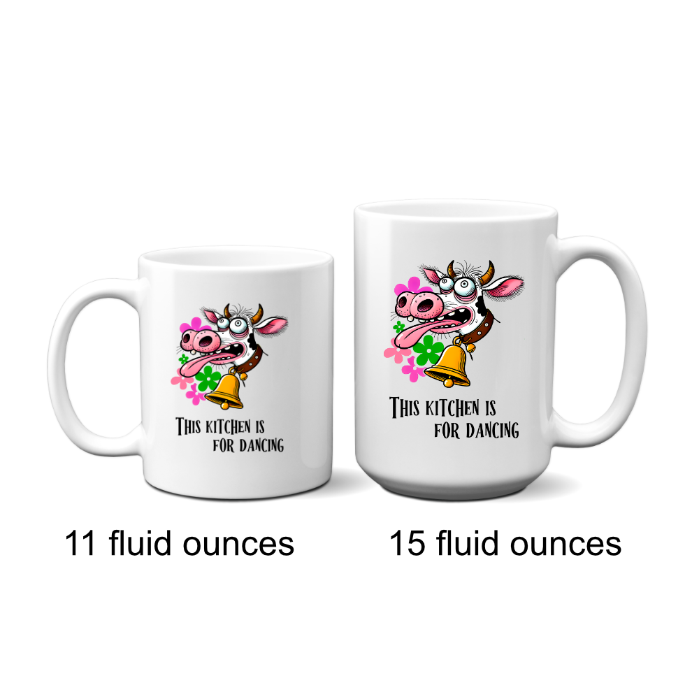 Dancing Cow Coffee Mug - Funny Cow with Bell - 11oz & 15oz - Microwave & Dishwasher Safe - printed in USA